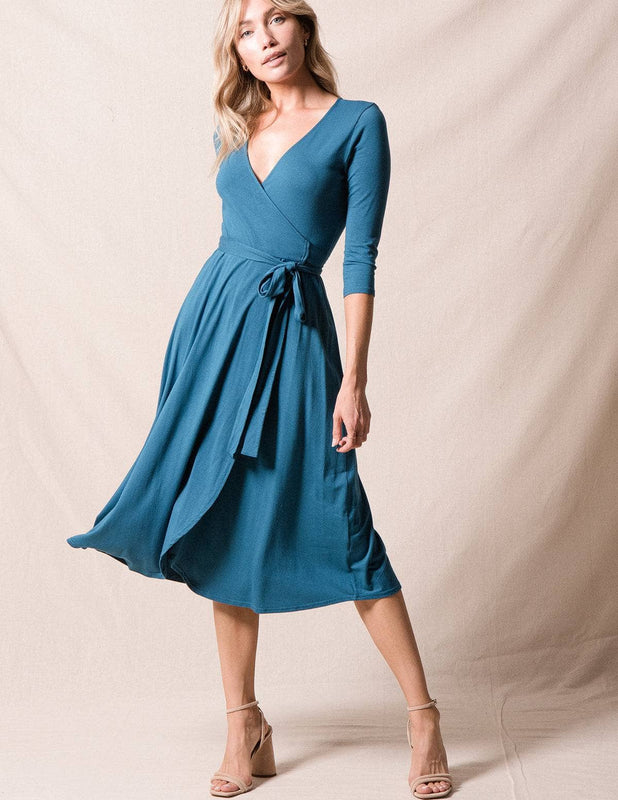 what is a wrap dress Brittany Versatile and adaptable womens teal wrap Long Sleeve Satin Wrap Dress