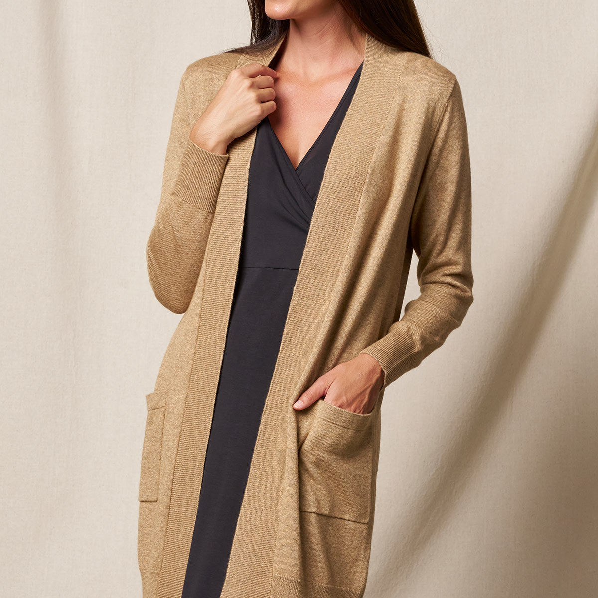 Bamboo / Merino Wool Long Cardigan - Camel — Sivana
