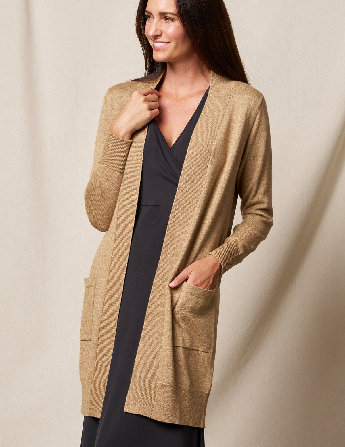 Bamboo / Merino Wool Long Cardigan - Camel — Sivana