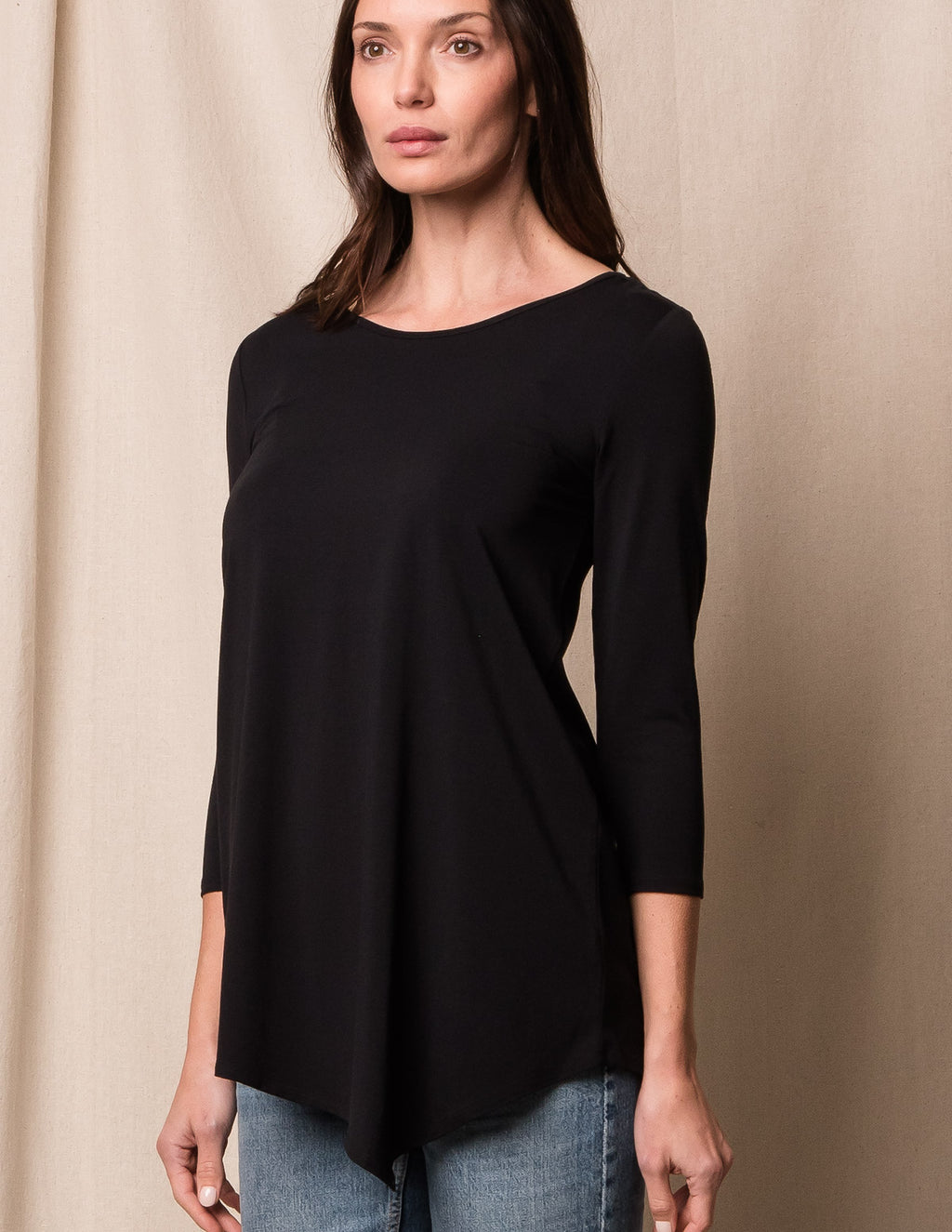 Bamboo / Organic Cotton Asymmetric 3/4 Sleeve Tunic - Black
