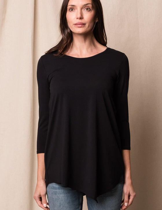 Bamboo / Organic Cotton Asymmetric 3/4 Sleeve Tunic - Black