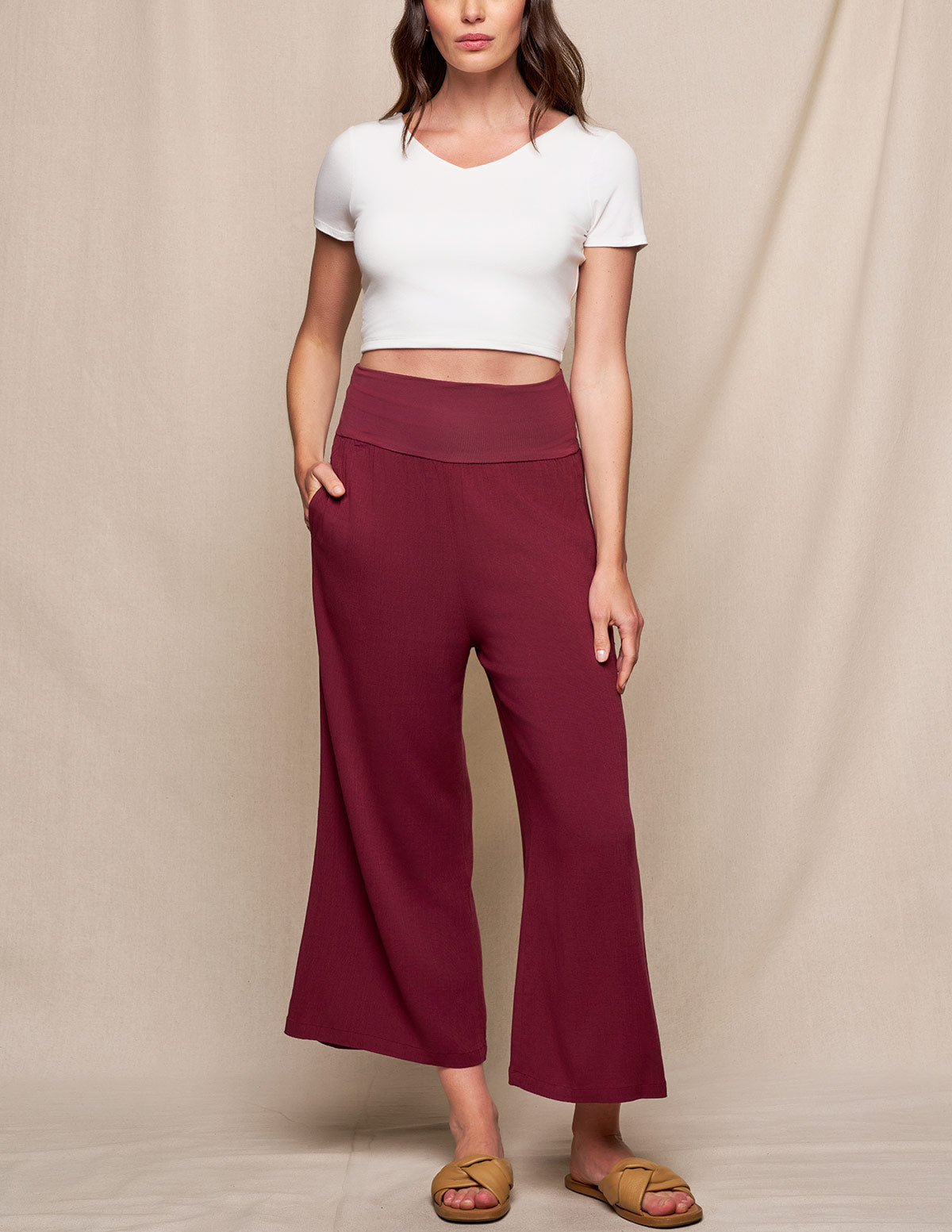 Linen / Bamboo Soft Waist Capri Pants - Burgundy - 3XL Only