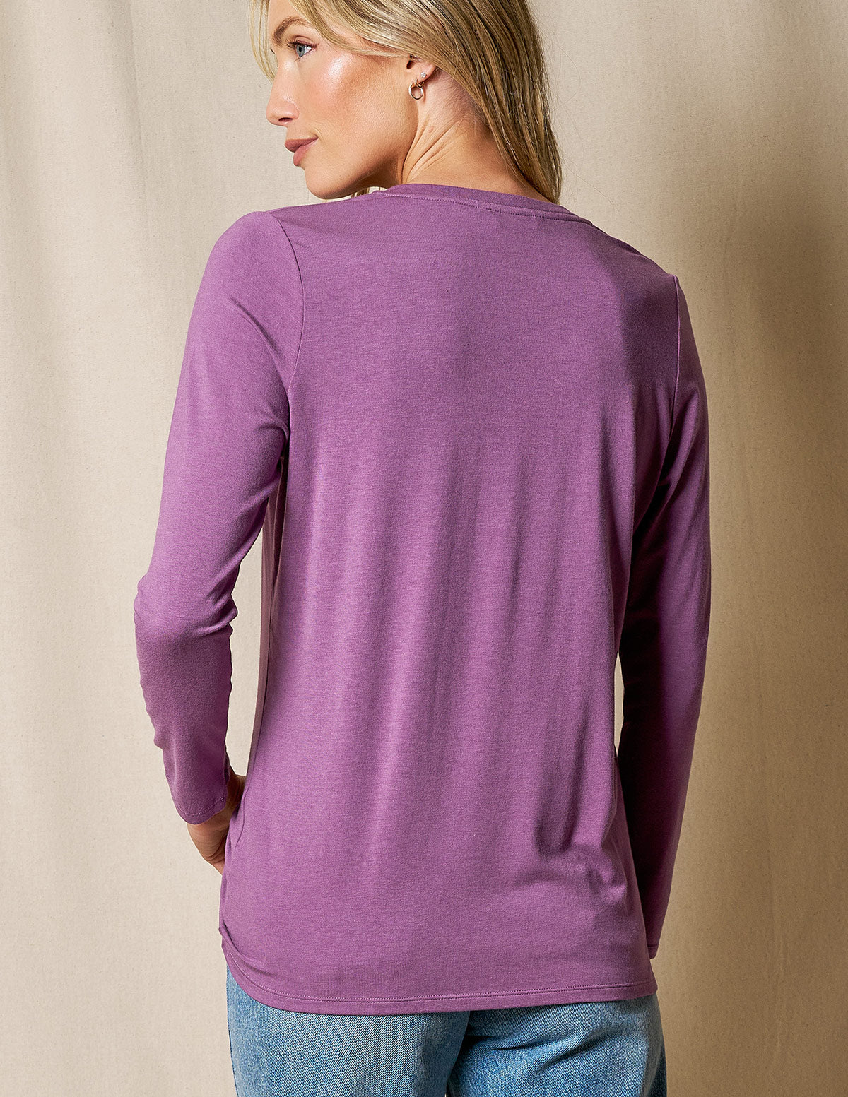 Bamboo / Organic Cotton Long Sleeve V-Neck Tee - Dusty Purple. Medium Only