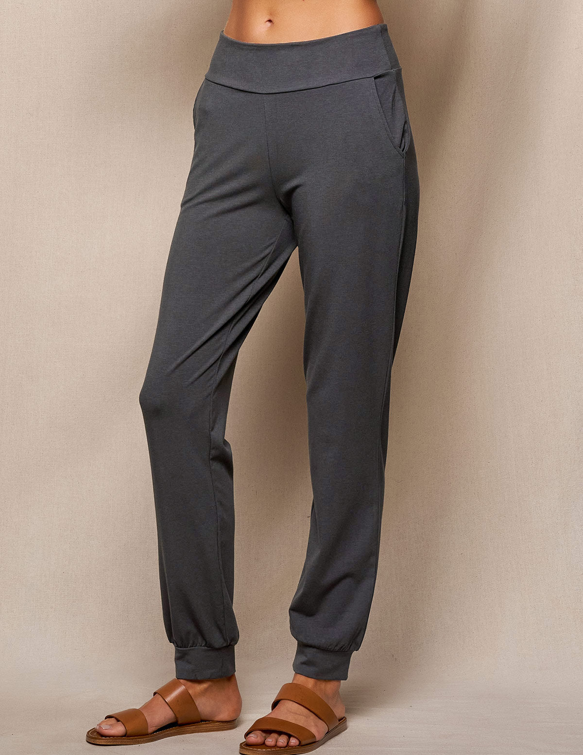 Bamboo / Organic Cotton Flat Waist Comfort Joggers - Warm Grey