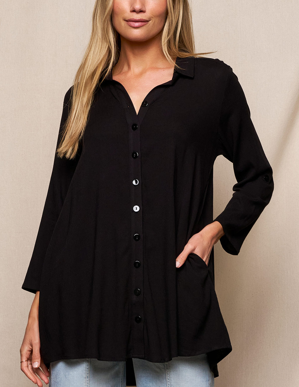 Linen / Bamboo Button Front Tunic - Black- XS and Small Only