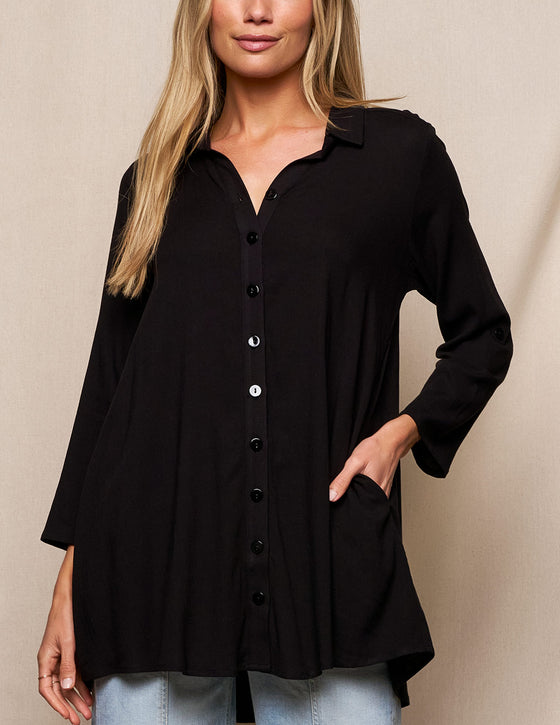 Linen / Bamboo Button Front Tunic - Black- XS and Small Only