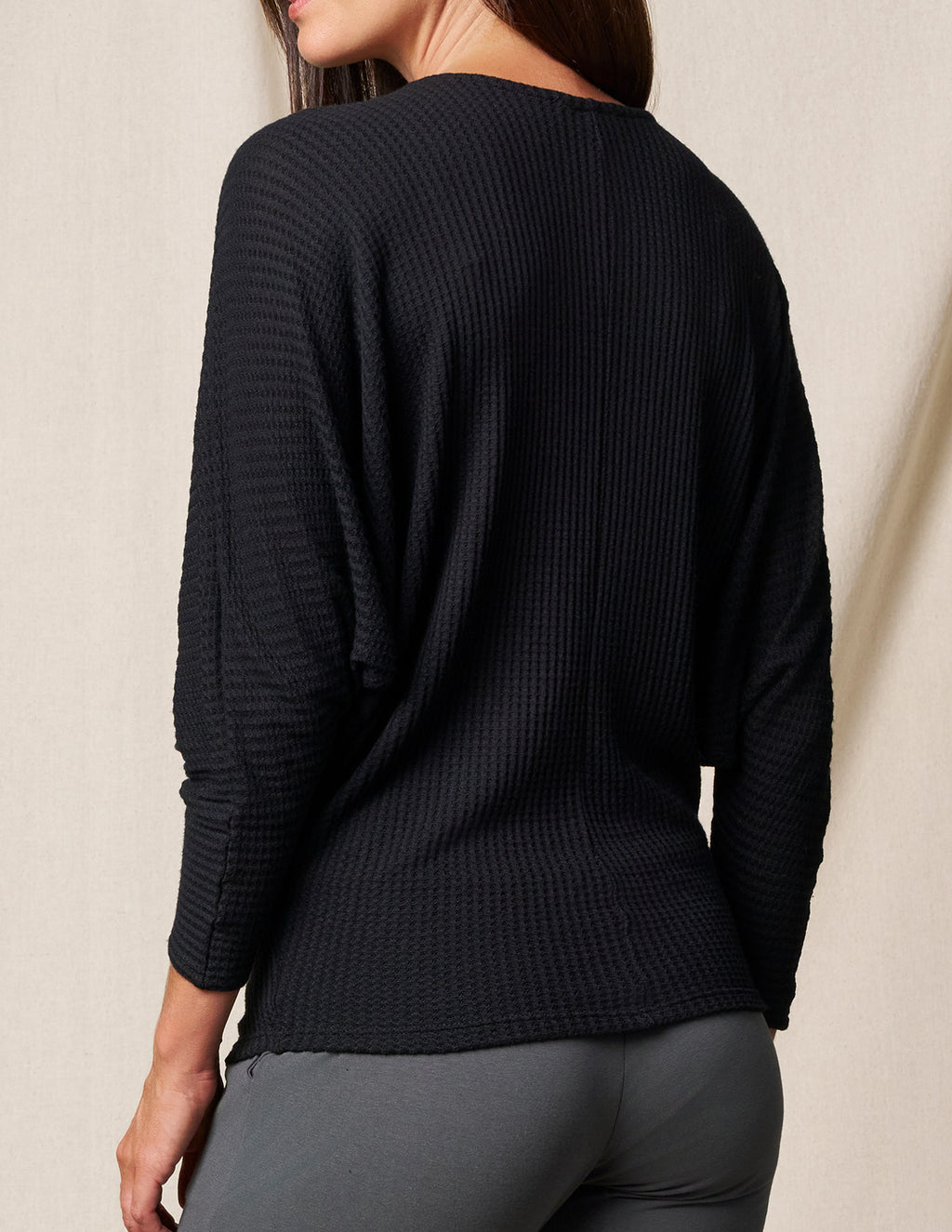 Waffle Knit Bamboo Dolman Sweater - Black