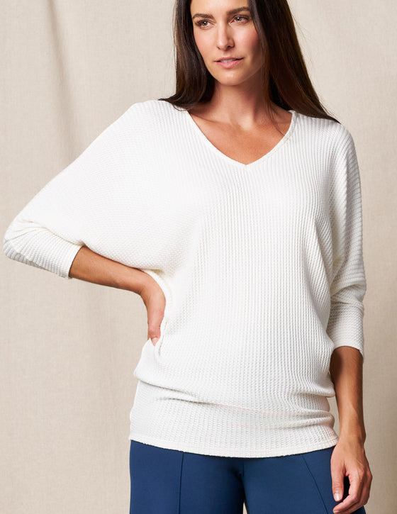 Waffle Knit Bamboo Dolman Sweater - White