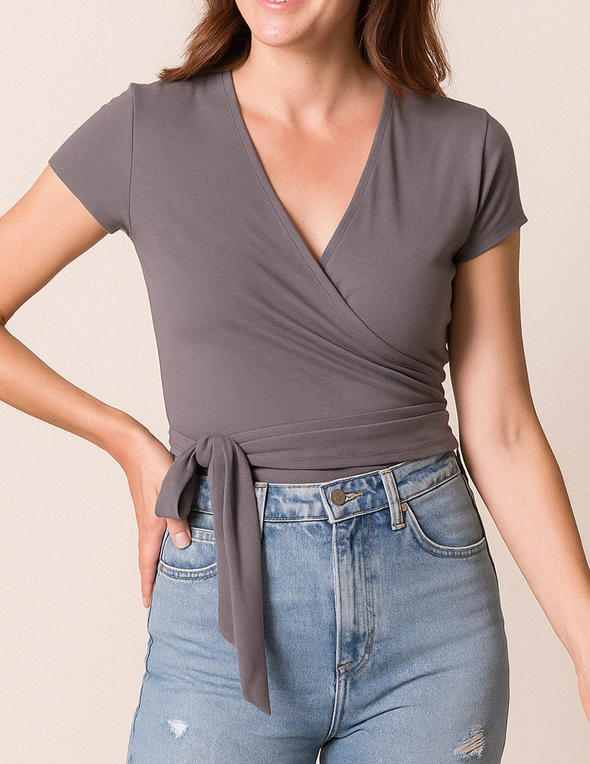 Bamboo Cap Sleeve Wrap Top - Grey