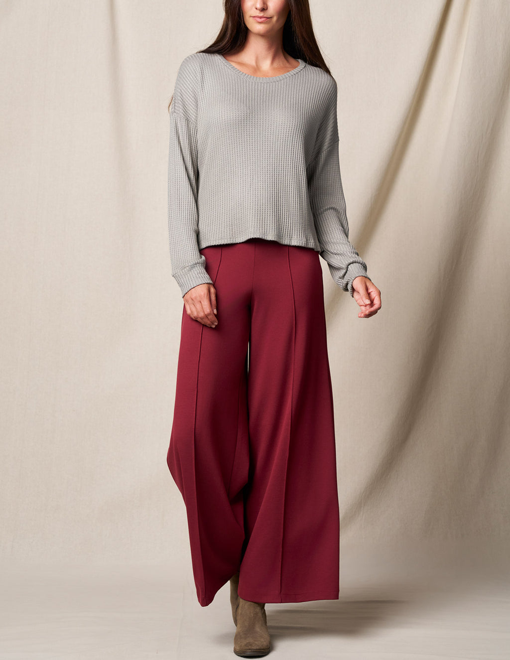 Bamboo Ponte Wide Leg Pants - Burgundy