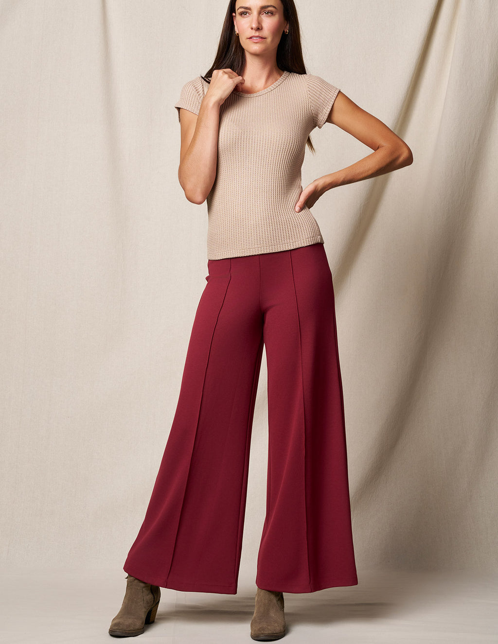 Bamboo Ponte Wide Leg Pants - Burgundy
