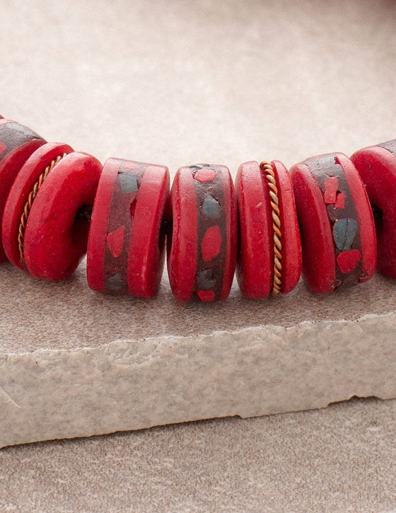 Faceted Red Carnelian & Lava Rock Healing Bracelet with Tibetan