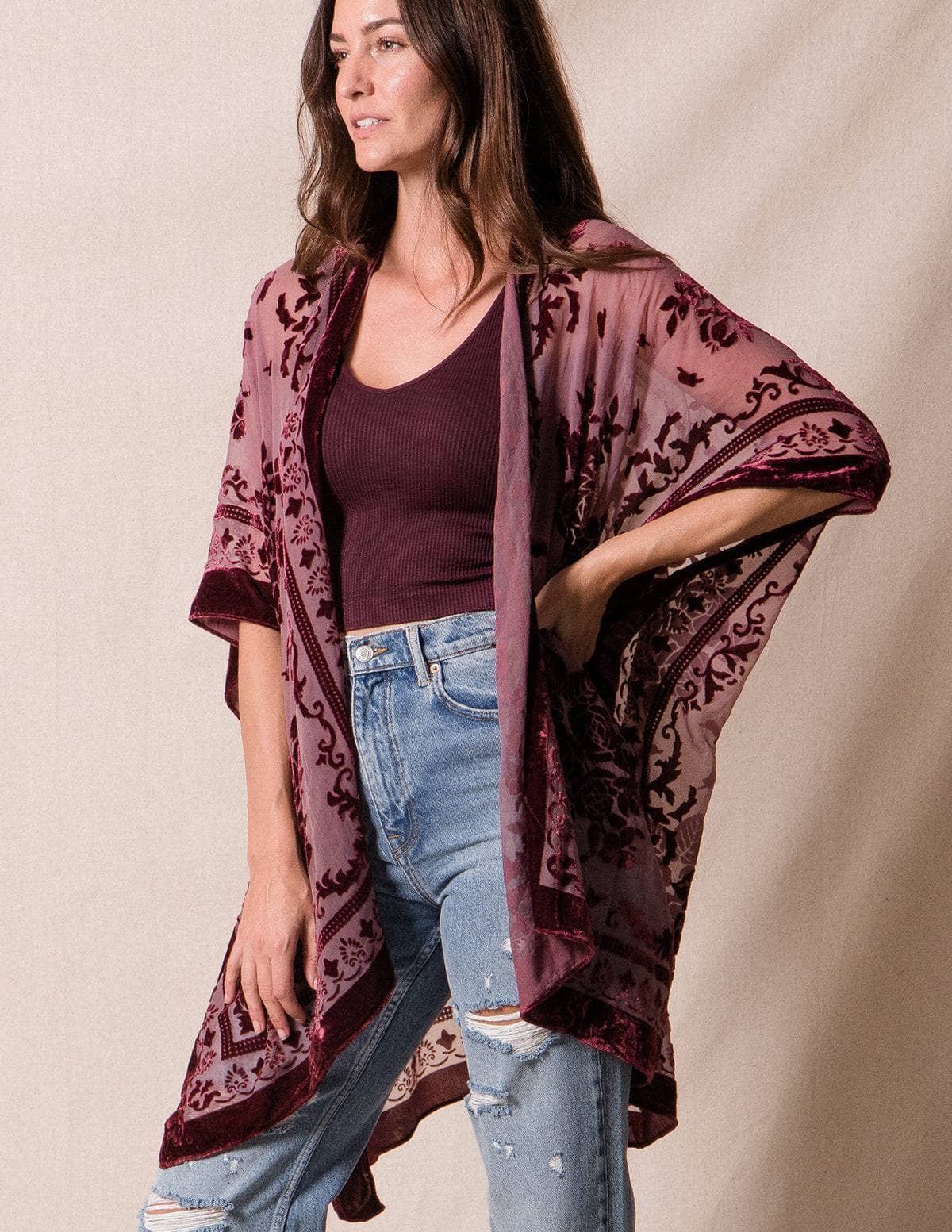 Ariana Velvet Kimono Wrap Burgundy — Sivana